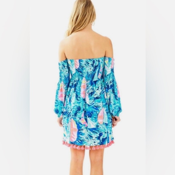 Lilly Pulitzer Trina Beach Mini Dress Tropical Print Pom Pom Detail Woman Large - Picture 2 of 15